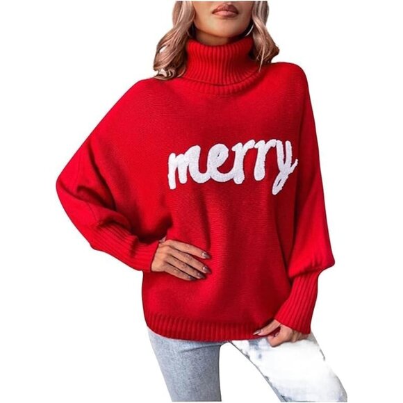 Oversized Christmas Red Sweater Women 2025 Merry Turtleneck Batwing Sleeve - Picture 1 of 6